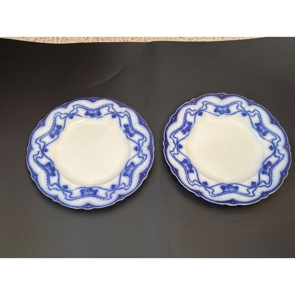 2 Antique Stanley Pottery Flow Blue Paris 9" Plates + Plate hangers New Wharf - Picture 8 of 16
